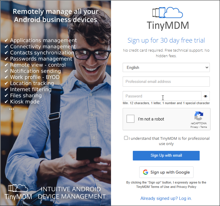 TinyMDM Sign In Page Página de login do TinyMDM