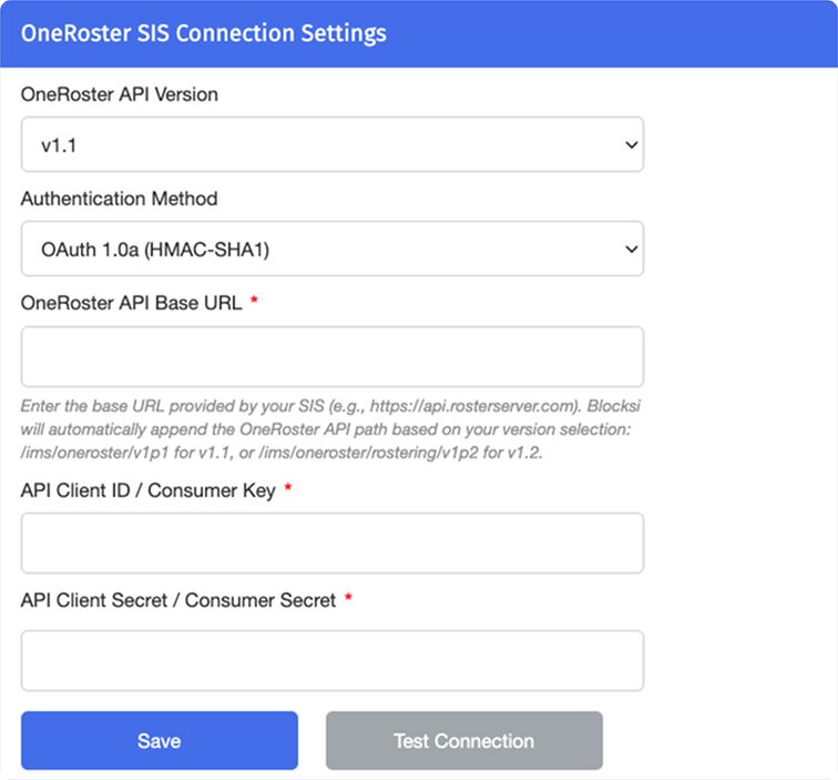 Seção de configurações de conexão do OneRoster SIS