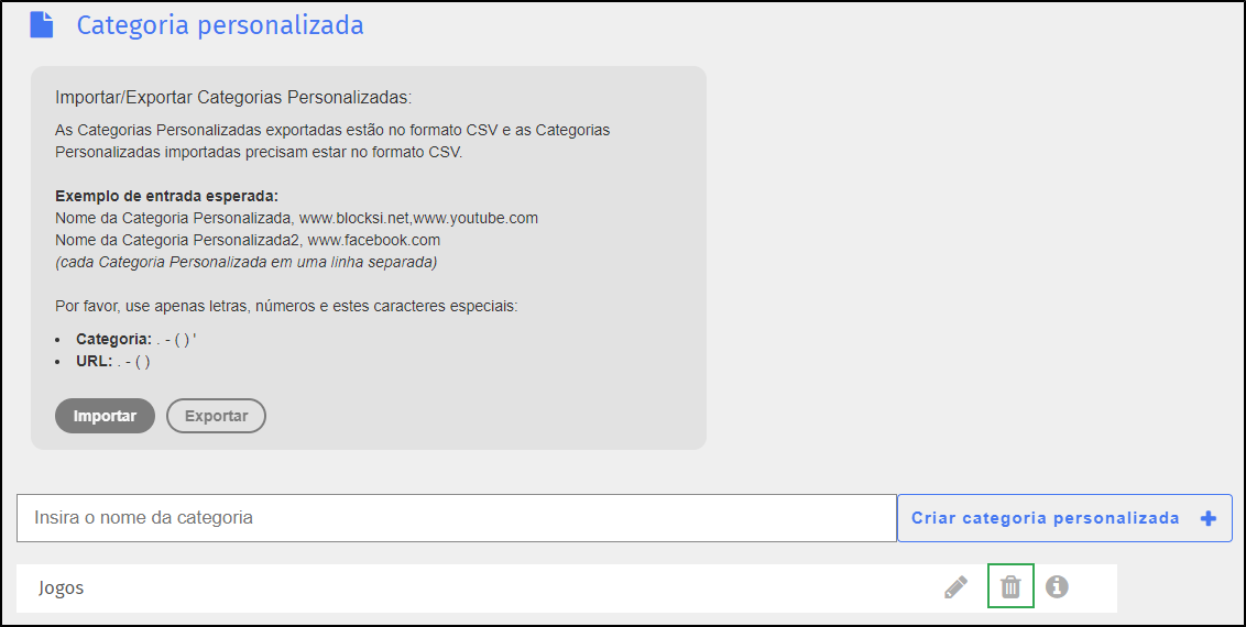 Tela Categoria personalizada — ícone de excluir