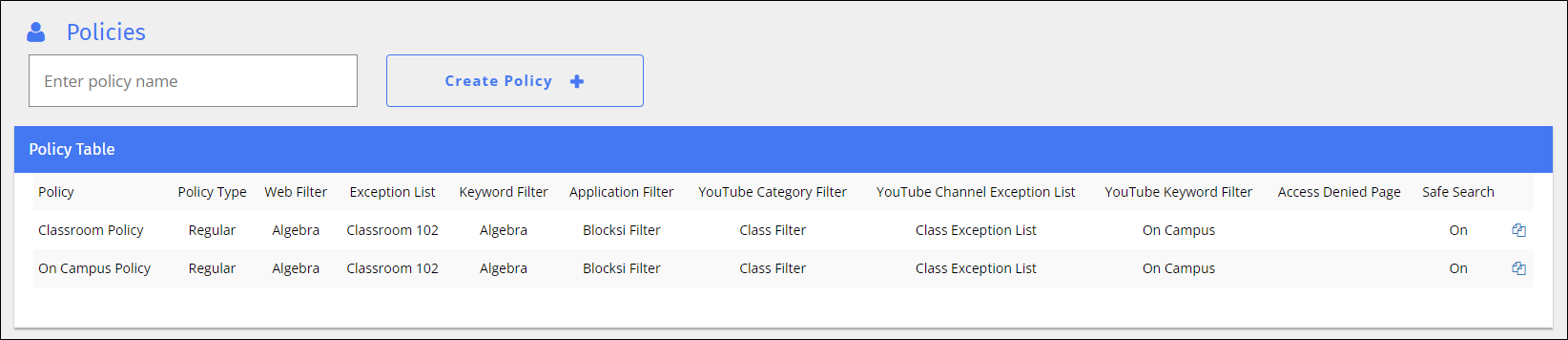 Policies Screen
