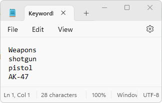 Keyword Filter Import Sample File