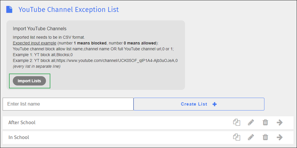 YouTube Channel Exception List Screen - Import Button YouTube Channel Exception List Screen - Import Button
