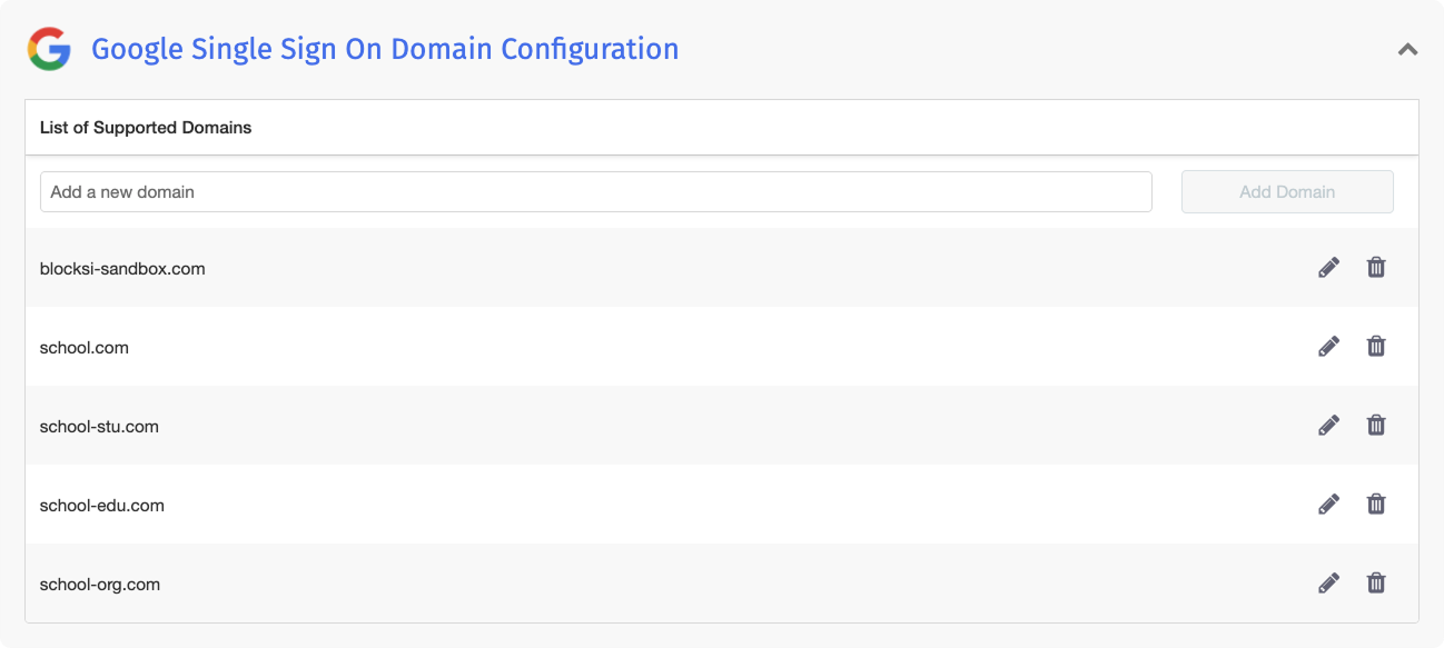Seção de configuração de domínio de login único do Google