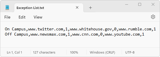 Exemplo de arquivo de importação de URLs de lista de exceções