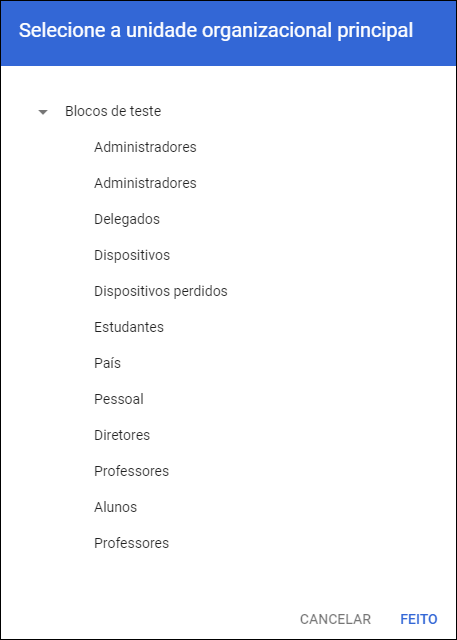 Google Admin Console - Selecione a janela da unidade organizacional principal