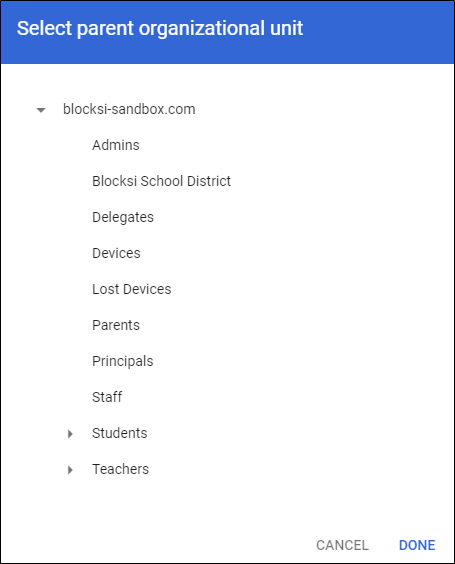 Google Admin Console - Select Parent Organizational Unit Window