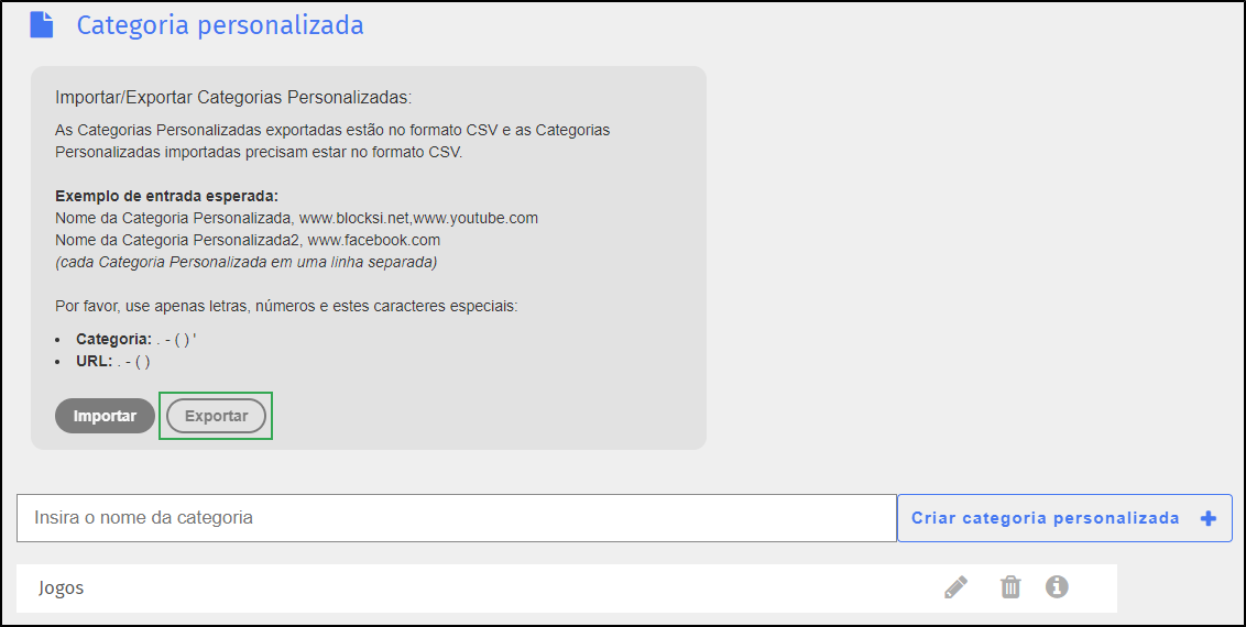 Tela Categoria personalizada — botão Exportar