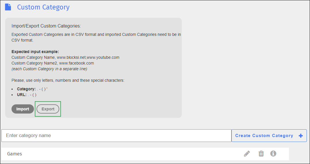 Custom Category Screen - Export Button