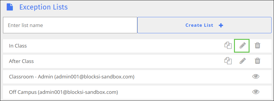 Exception List Screen - Edit Icon