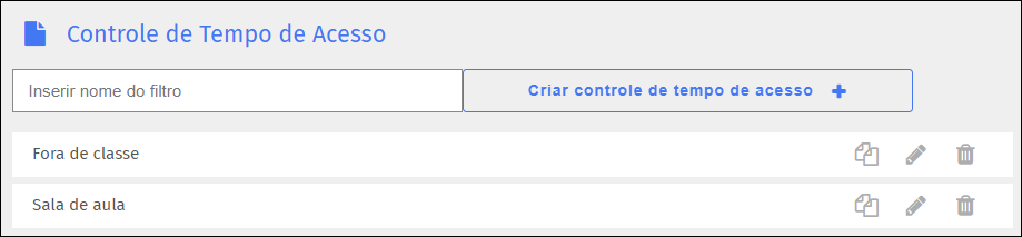 Tela Controle de horário de acesso