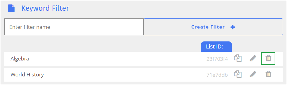 Keyword Filter Screen - Delete Icon