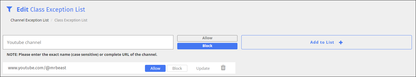 YouTube Channel Exception List Edit Screen