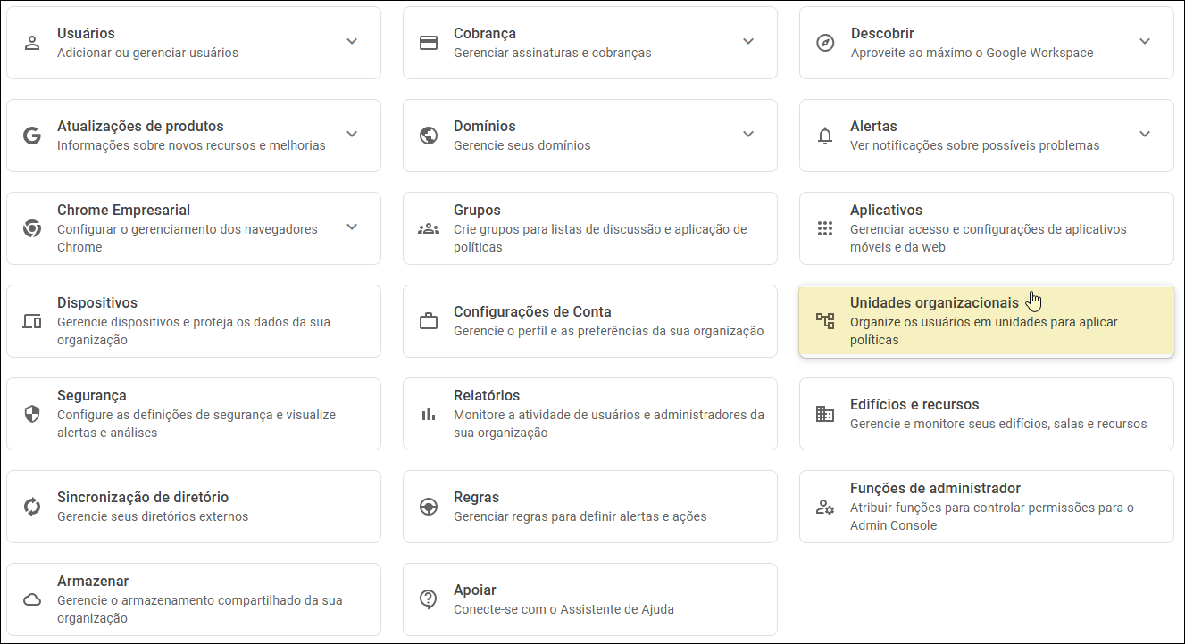 Google Admin Console - Unidades organizacionais