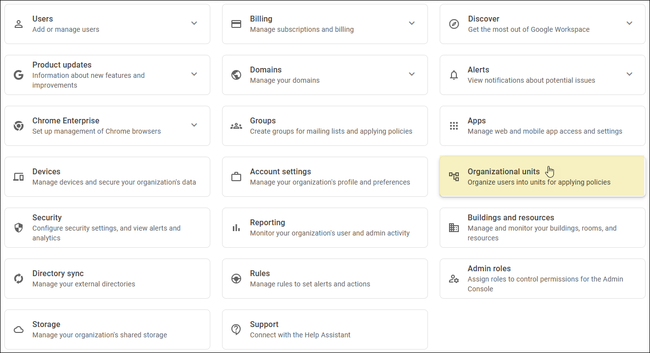 Google Admin Console - Organizational Units