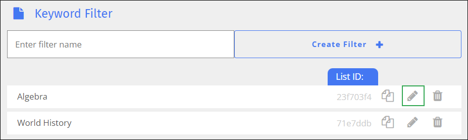 Keyword Filter Screen - Edit Icon