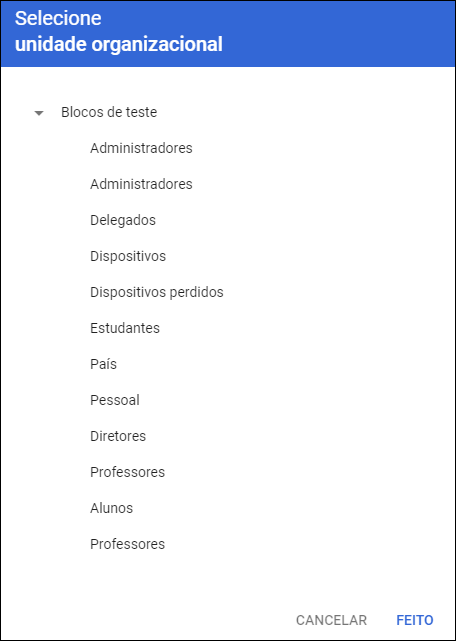 Google Admin Console - Janela de seleção da unidade organizacional
