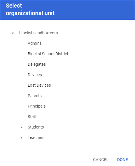 Google Admin Console - Select Organizational Unit Window Google Admin Console - Select Organizational Unit Window
