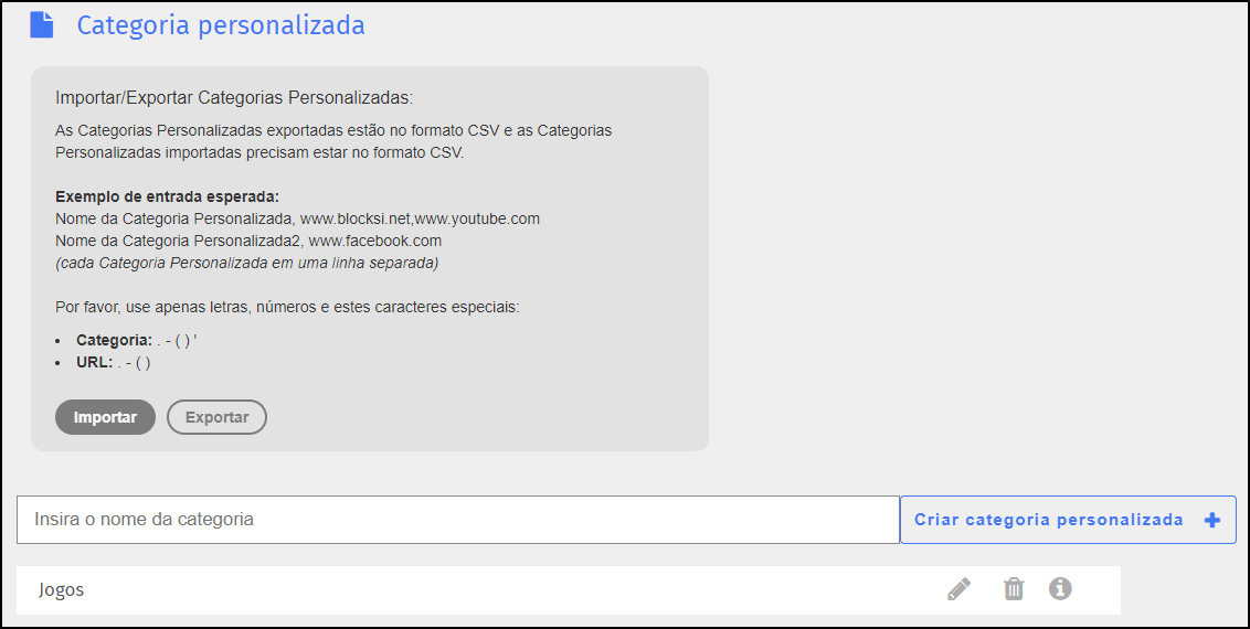 Tela Categoria personalizada