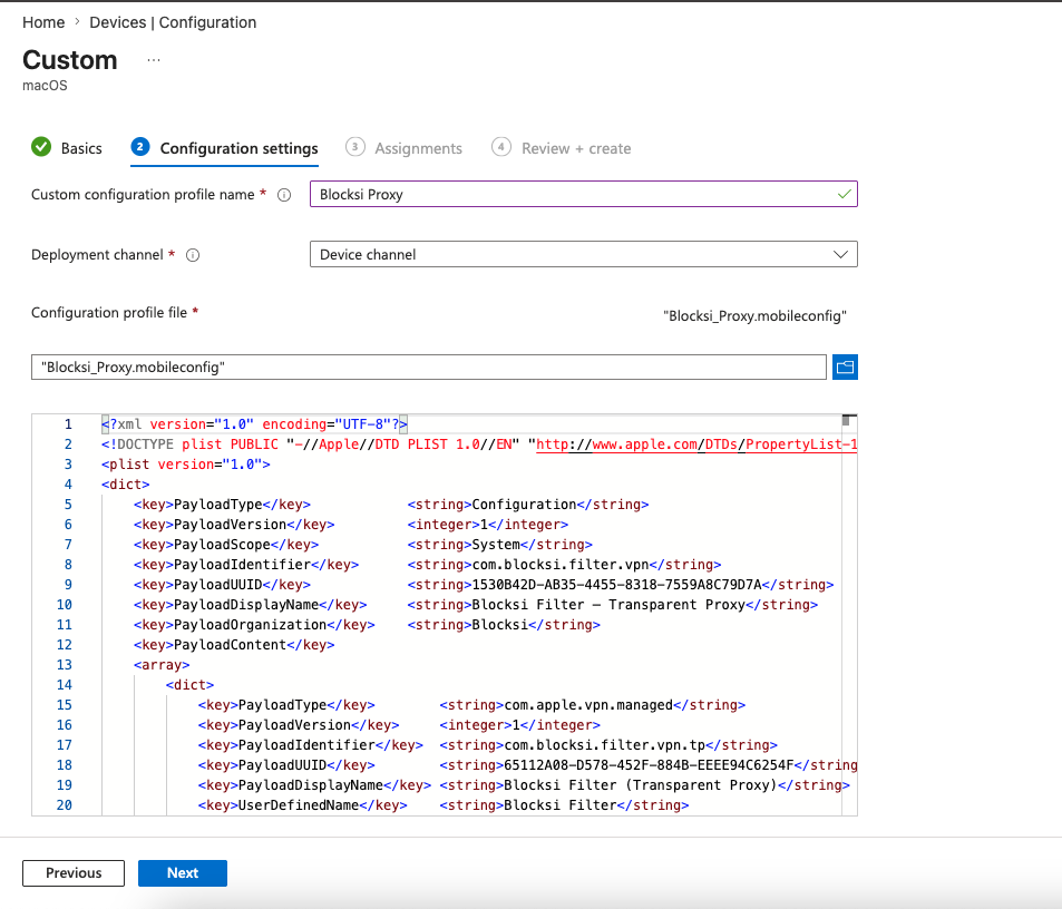 Guia Configurações - Perfil de configuração personalizado