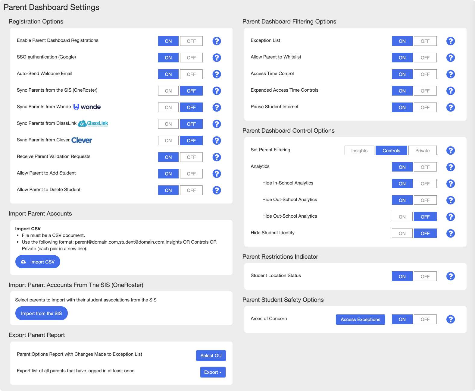 Seção Configurações do Painel dos pais