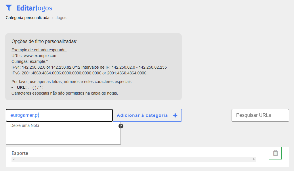 Tela de edição de categoria personalizada — ícone de excluir