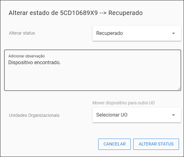 Change Device Status Window Janela Alterar status do dispositivo