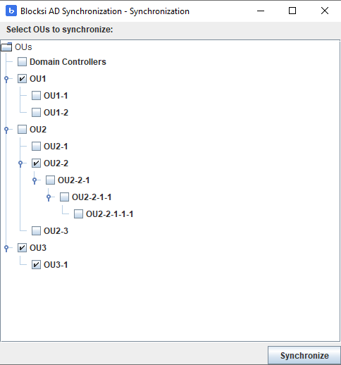AD Sync Select OUs Window Janela AD Sync Select OUs