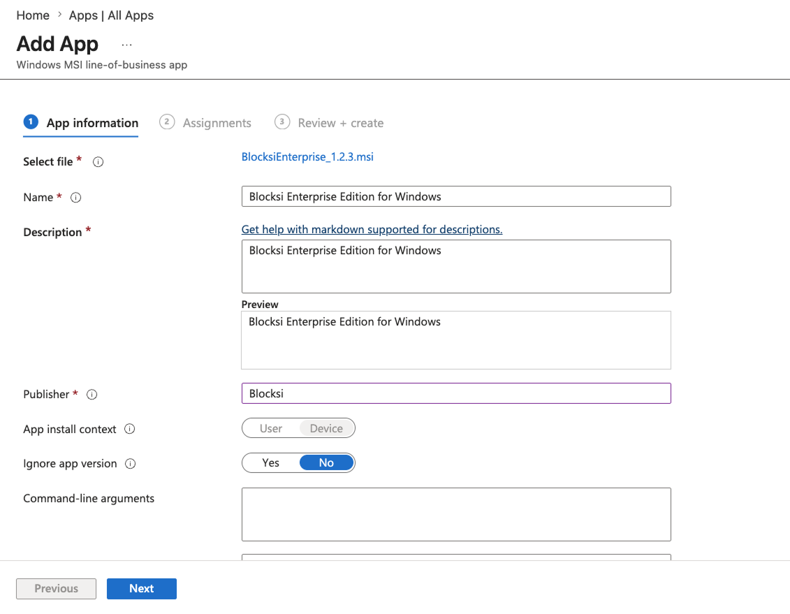 Aba de informações do aplicativo - Adicionar aplicativo