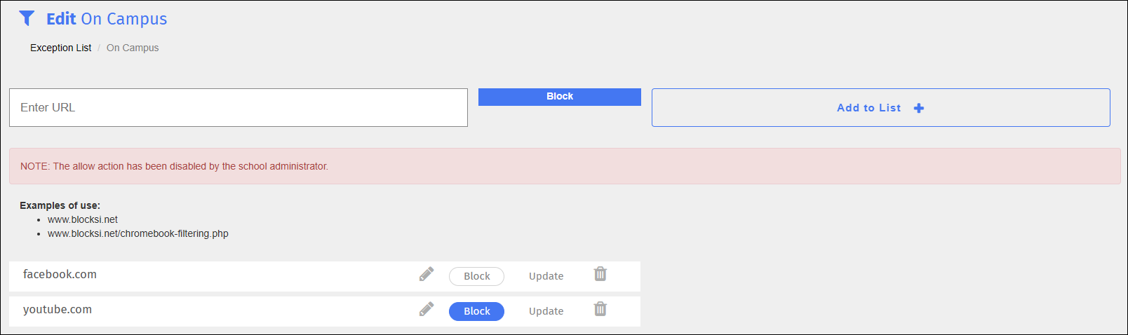 Exception List Edit Screen No Allow