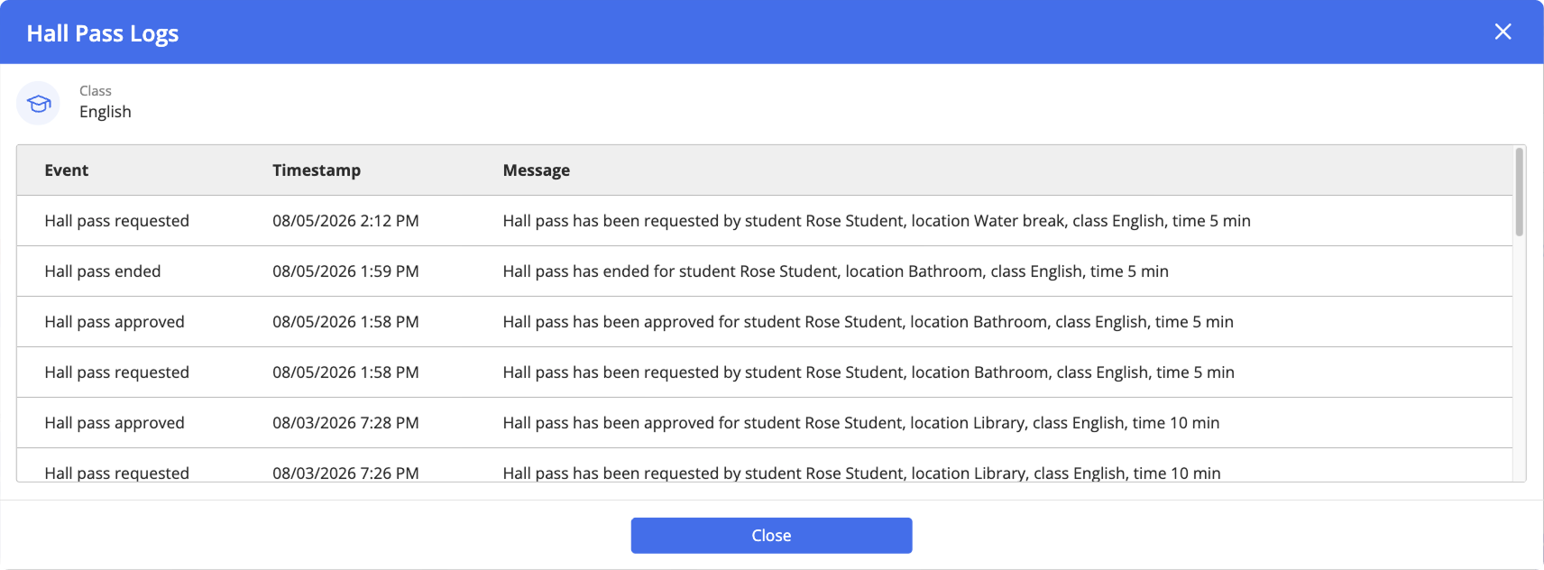 View Hall Pass Logs