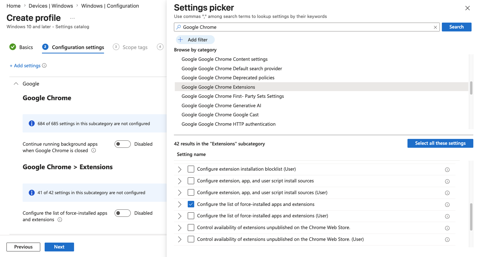 Tela do seletor de configurações - Crie um perfil