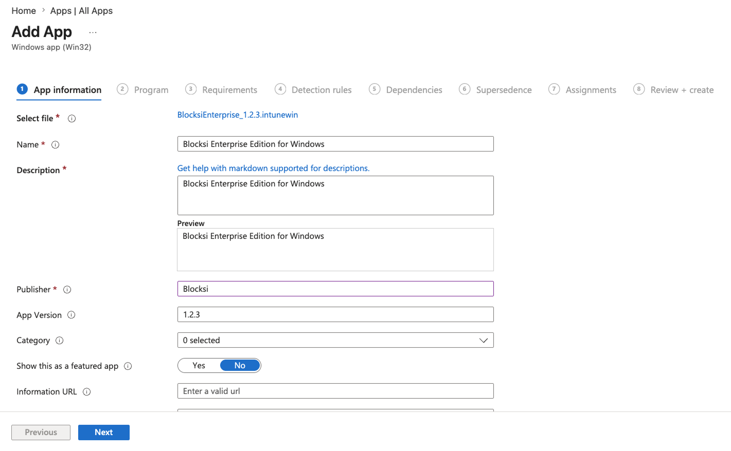 Aba de informações do aplicativo - Adicionar aplicativo