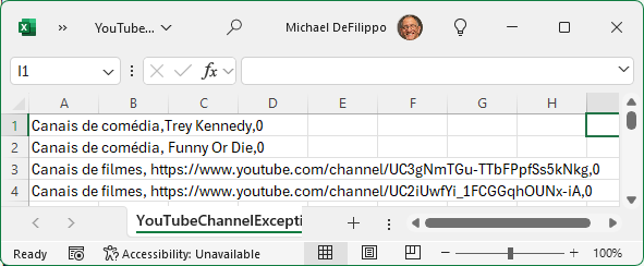 Exemplo de arquivo de importação de lista de exceções de canais do YouTube