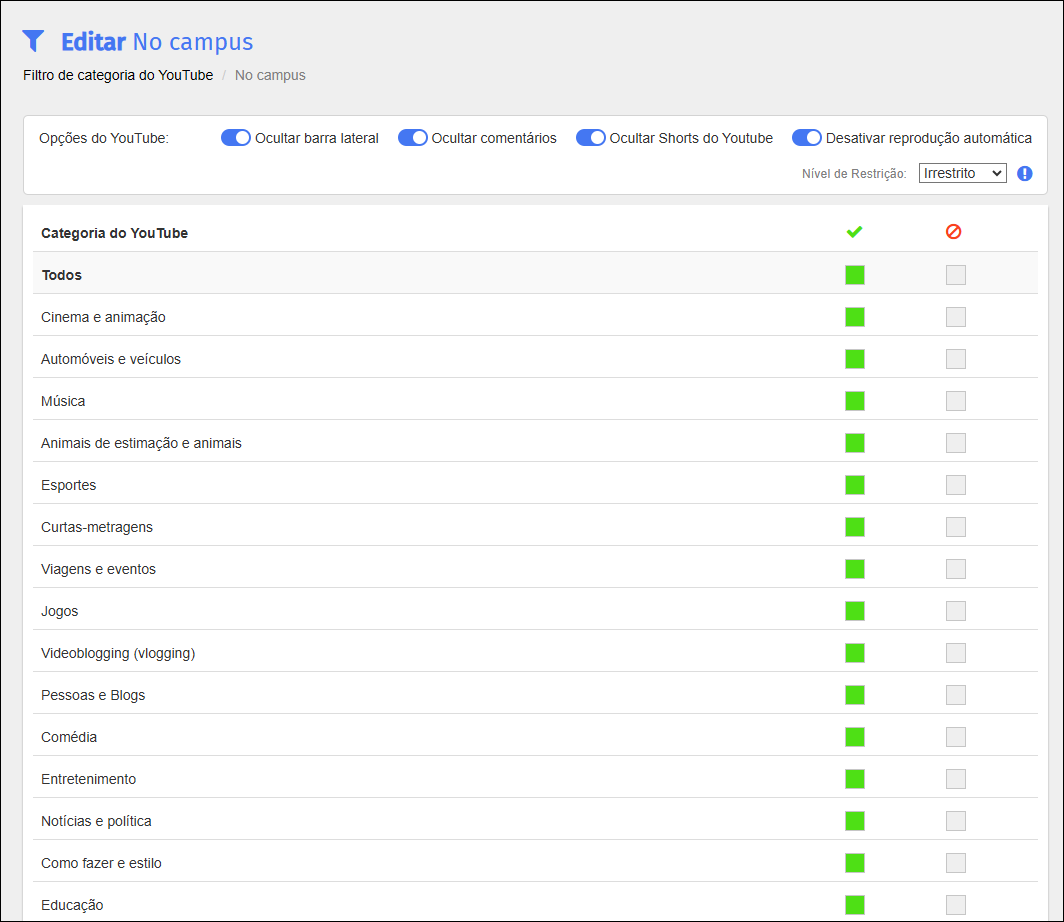 Tela de edição do filtro de categorias do YouTube — parte um