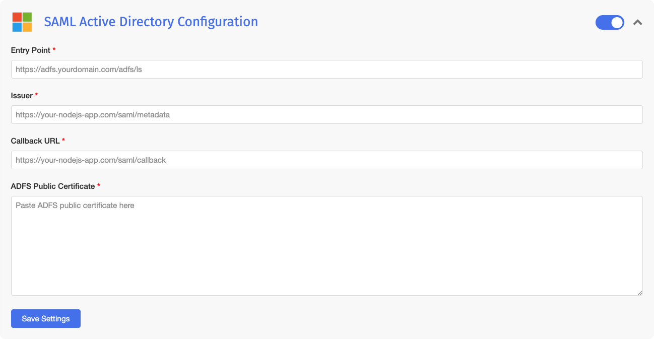 Seção de configuração do SAML Active Directory