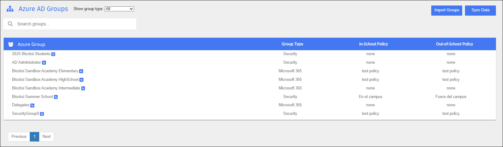 Azure AD Groups Screen