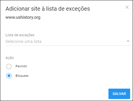 Janela Adicionar site à lista de exceções