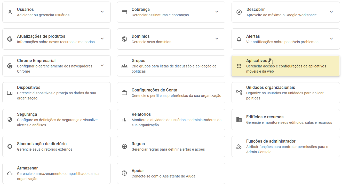 Google Admin Console - Selecione aplicativos