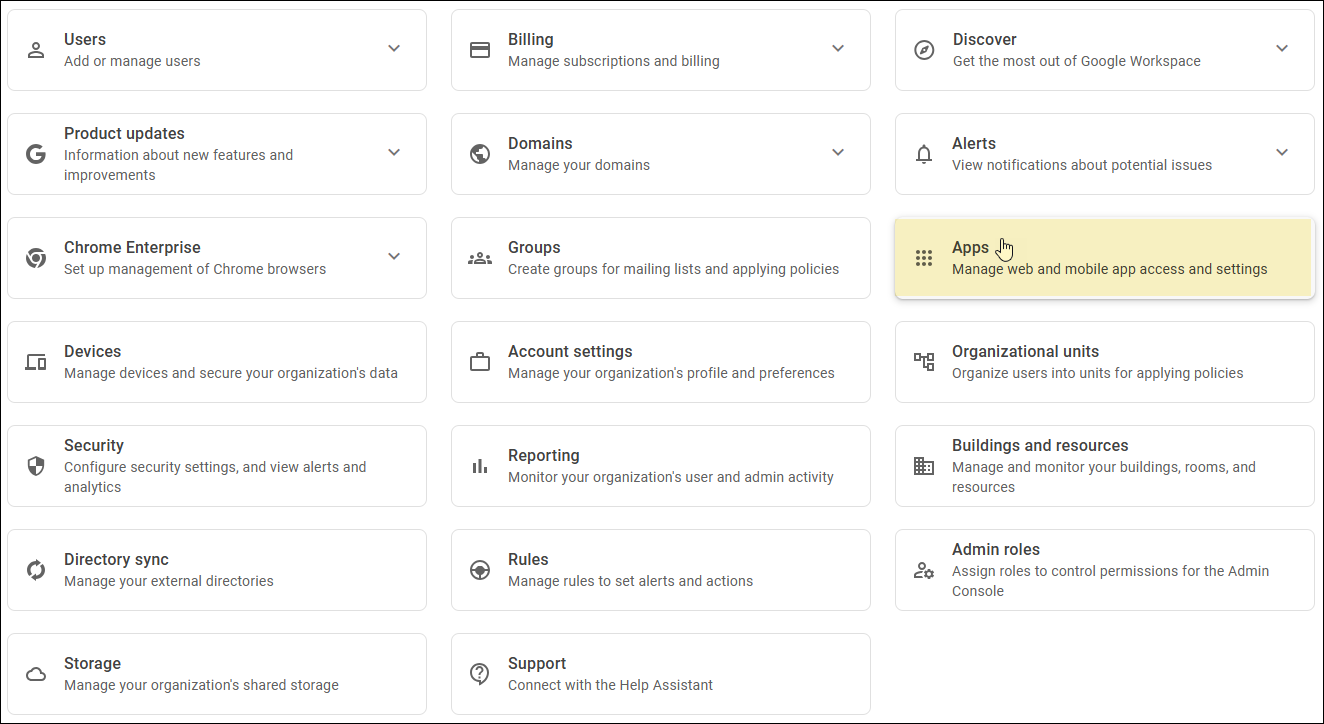 Google Admin Console - Select Apps Google Admin Console - Select Apps