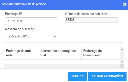 Add Private IP Range Window Janela Adicionar faixa de IP privado
