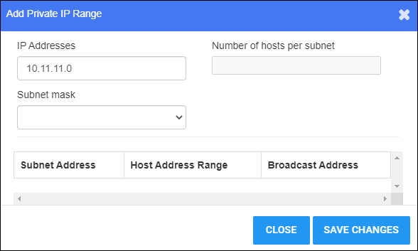 Add Private IP Range Window