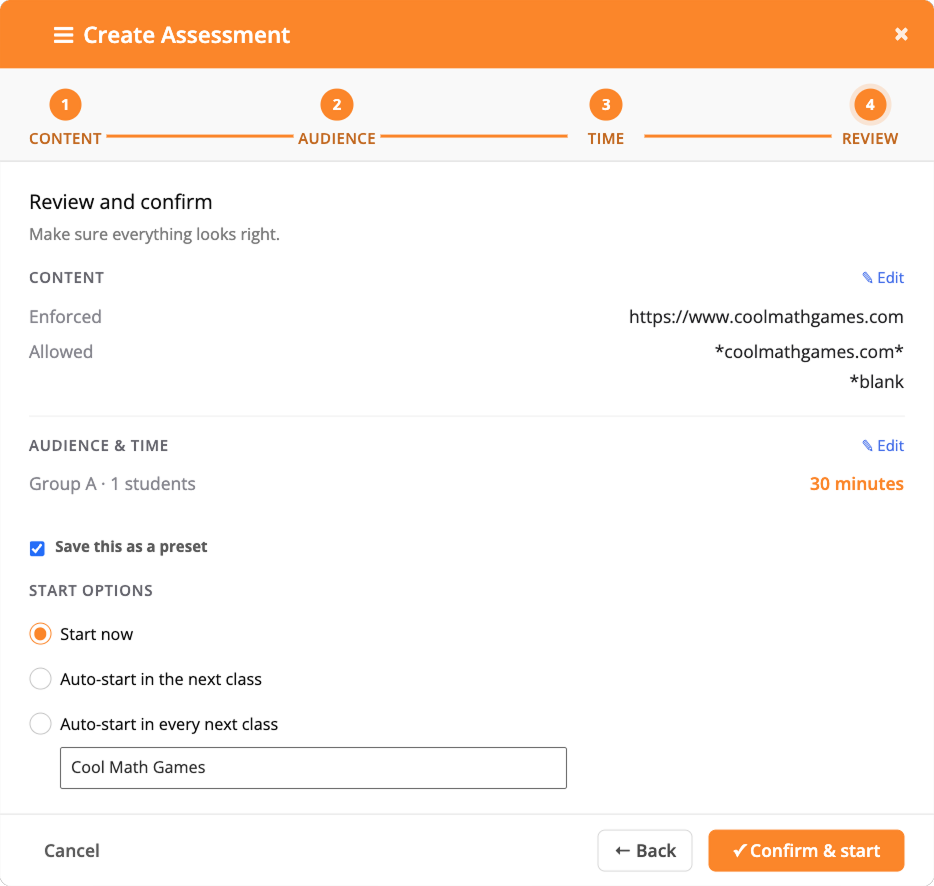 Saving Assessment Configuration as a Preset