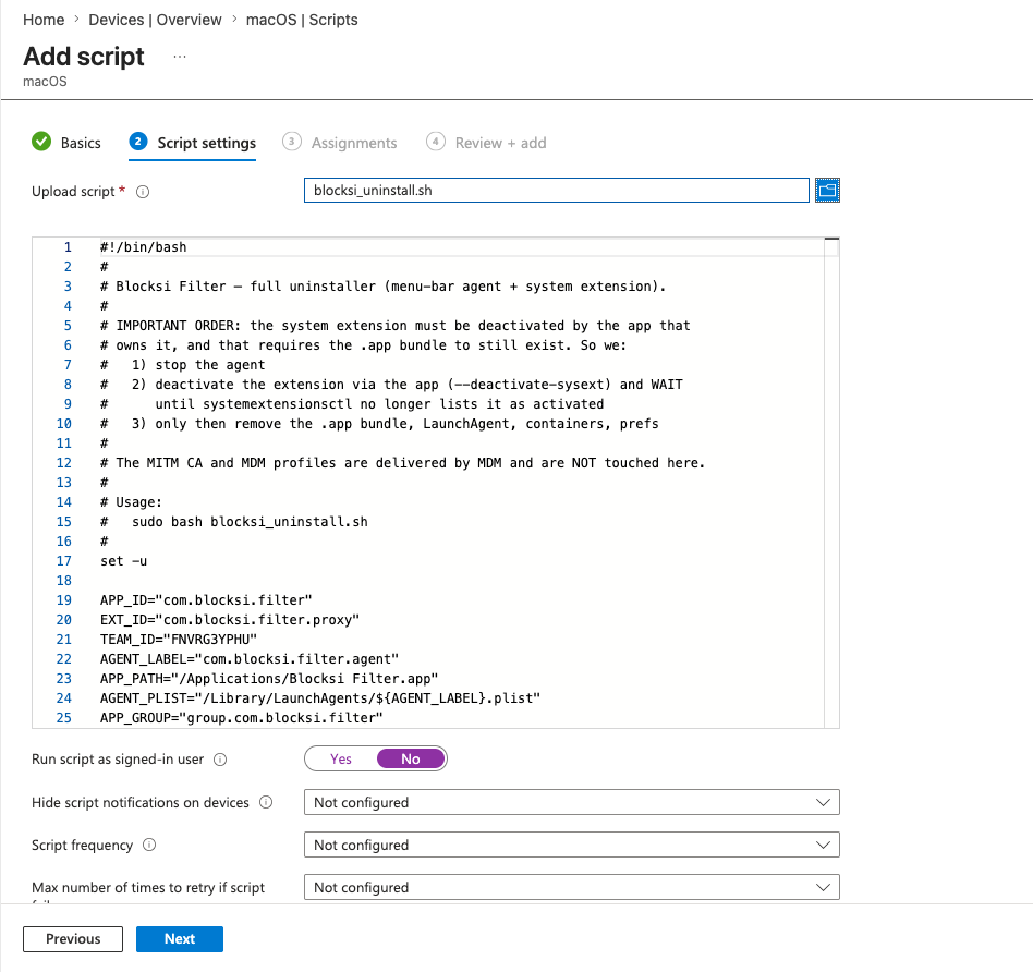 Configurações de script