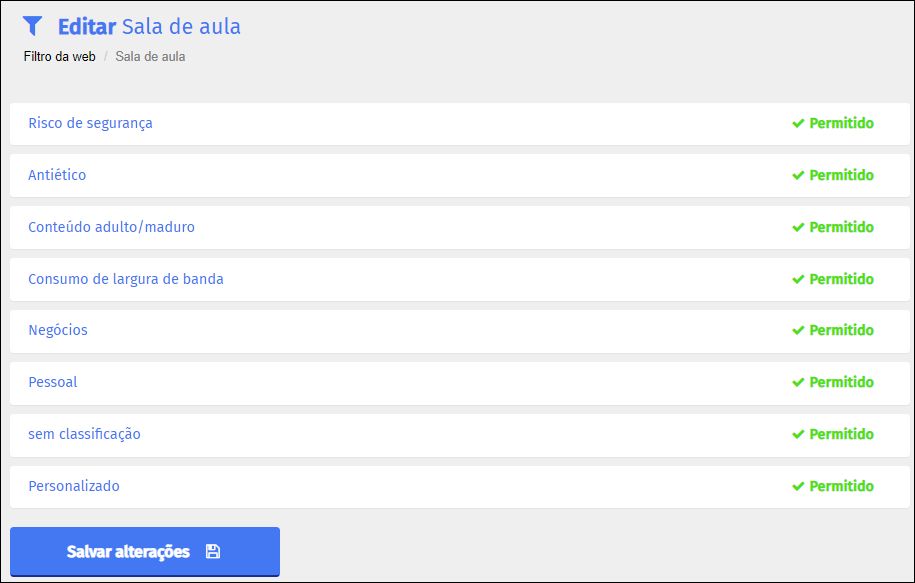 Tela de edição Criar filtro da Web