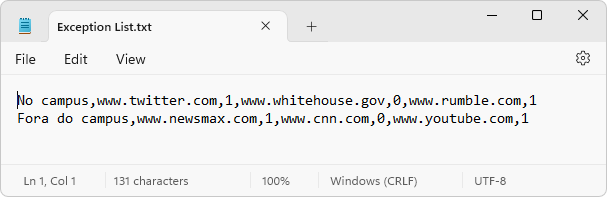 Exemplo de arquivo de importação de lista de exceções