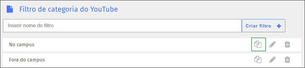Tela do filtro de categorias do YouTube — ícone de duplicar