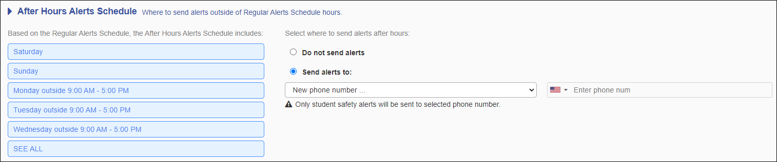 After Hours Alerts Schedule Section