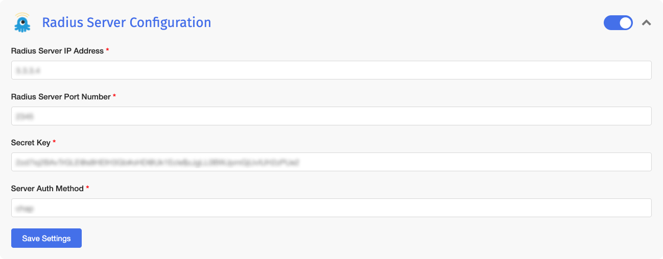 Seção de configuração do servidor Radius