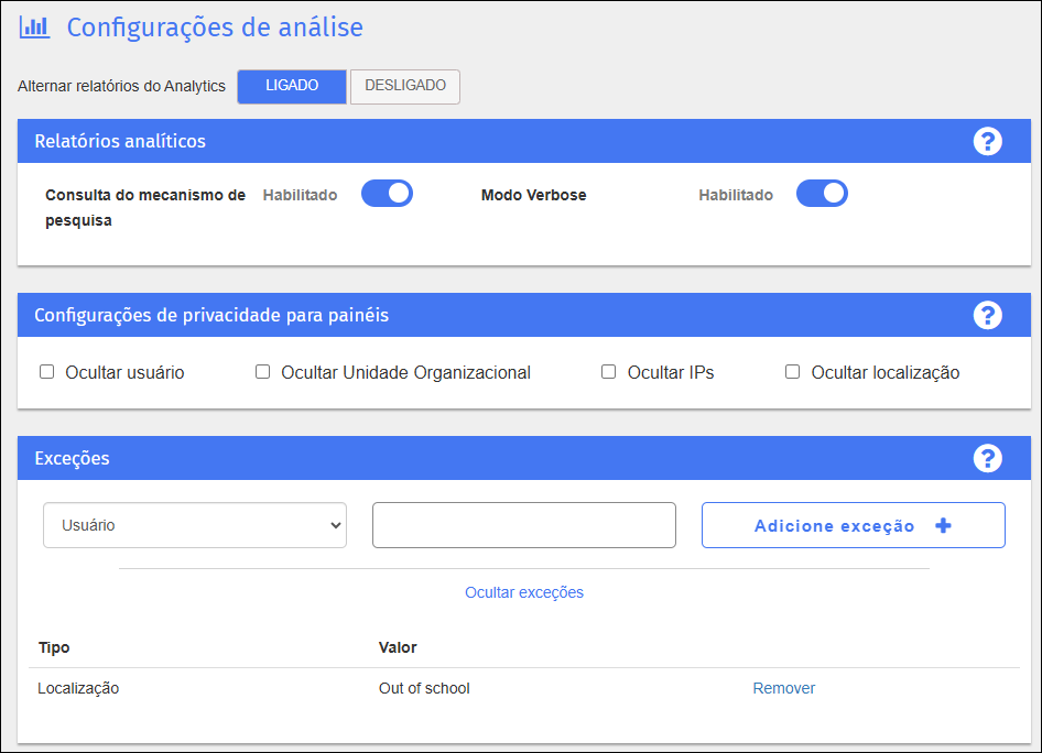 Tela Configurações de análise