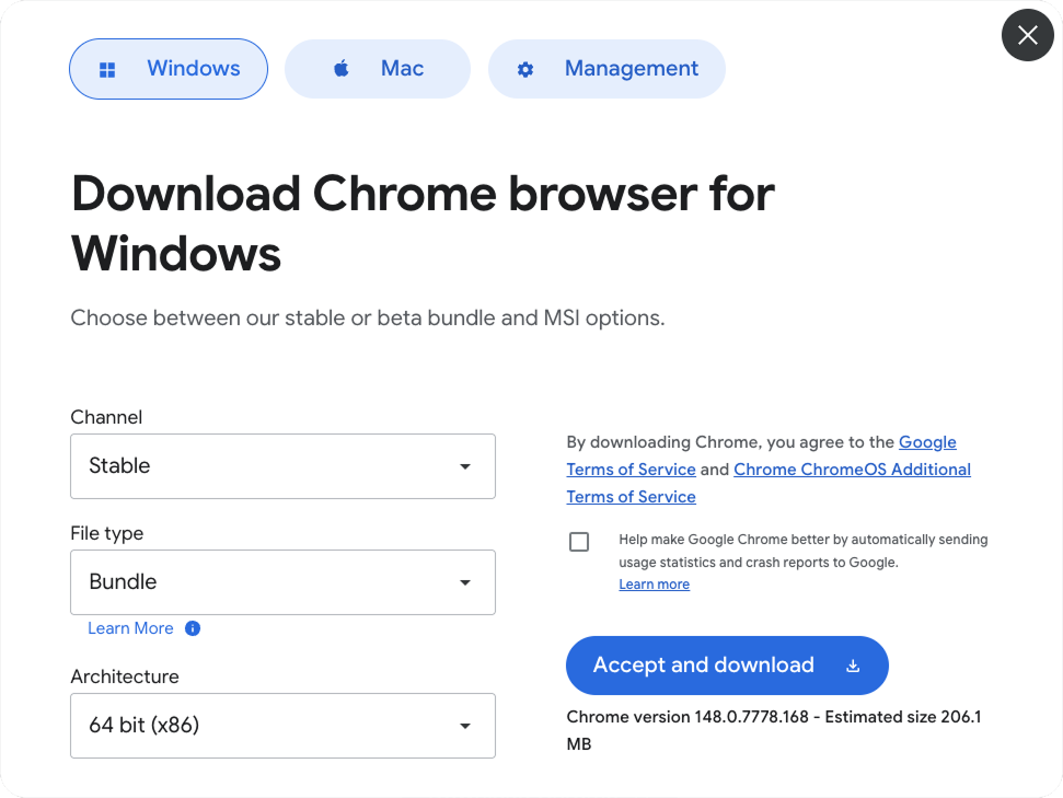 Baixe o navegador Chrome para janela modal do Windows
